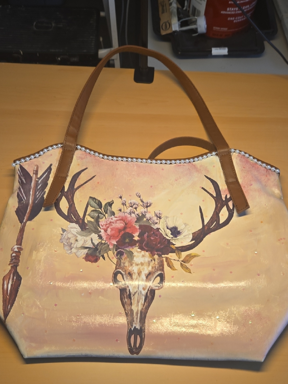 Handpainted Floral Deer Skull Tote